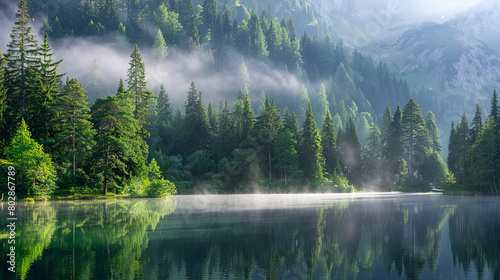 Beautiful morning coniferous forest near the river