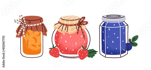 Berry jam in jars. Orange apricot, strawberry, blueberry, bilberry confiture. Homemade marmalade, jelly preserve set. Natural dessert, sweet food. Flat vector illustration isolated on white background
