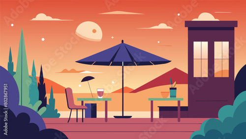 As the sun sets over the outdoor patio the curated playlist sets the perfect ambiance for a relaxed evening of drinks and good conversation. Vector illustration