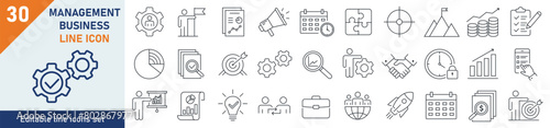 Management icons Pixel perfect. Management business icon set. Set of 30 outline icons related to management business. Linear icon collection. Editable stroke. Vector illustration.