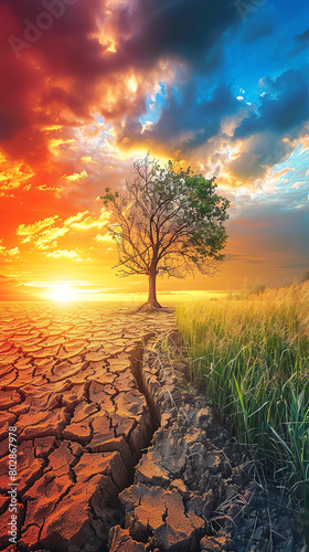 A solitary tree stands on drought-stricken land, split by deep cracks, against the backdrop of a dramatic sunset sky.