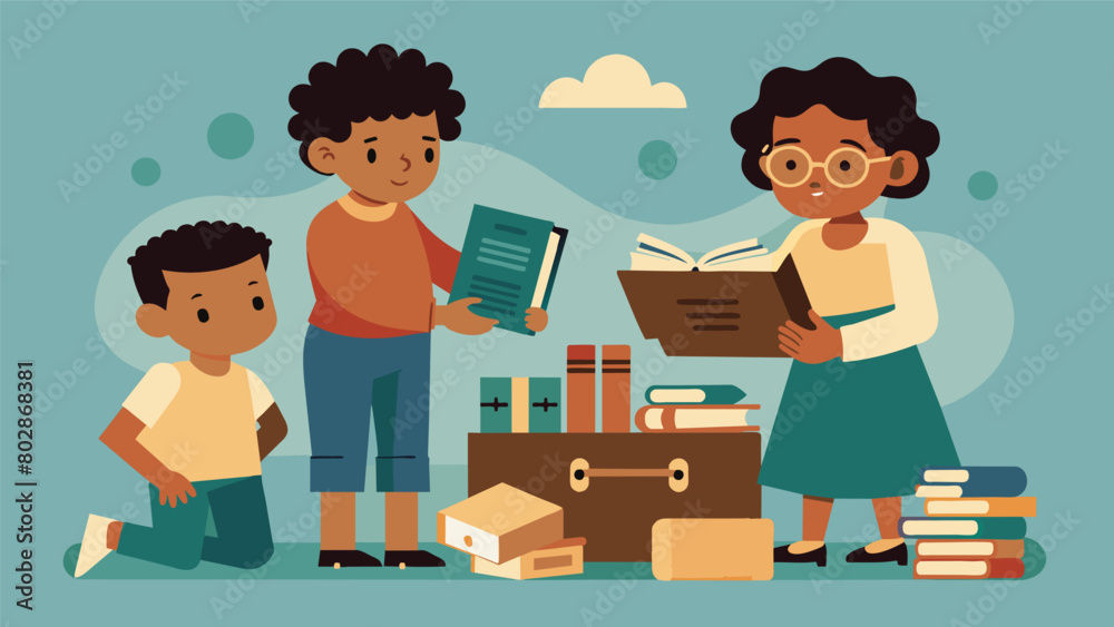 Childhood memories flooding back as a pair of siblings sift through their parents collection of family heirloom records. Vector illustration Childhood memories flooding back as a pair of siblings sift through their parents collection of family heirloom records. Vector illustration