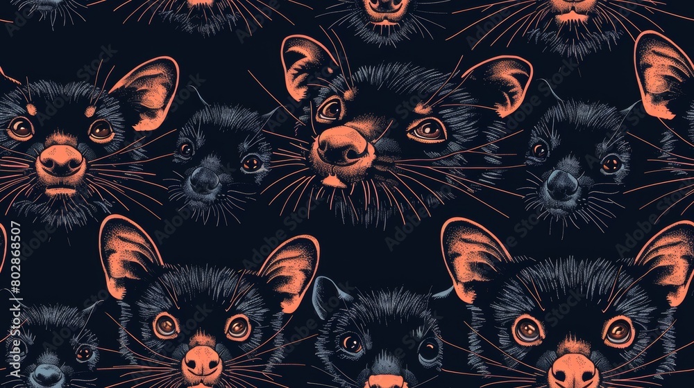 The seamless pattern with the muzzles of cute wombats on a dark blue background.