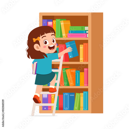 little kid take a book from bookshelf using ladder