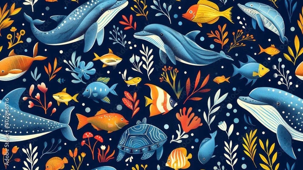 Under the sea. A seamless pattern with hand drawn ocean animals and plants. Great for fabric, wallpaper, and home decor.