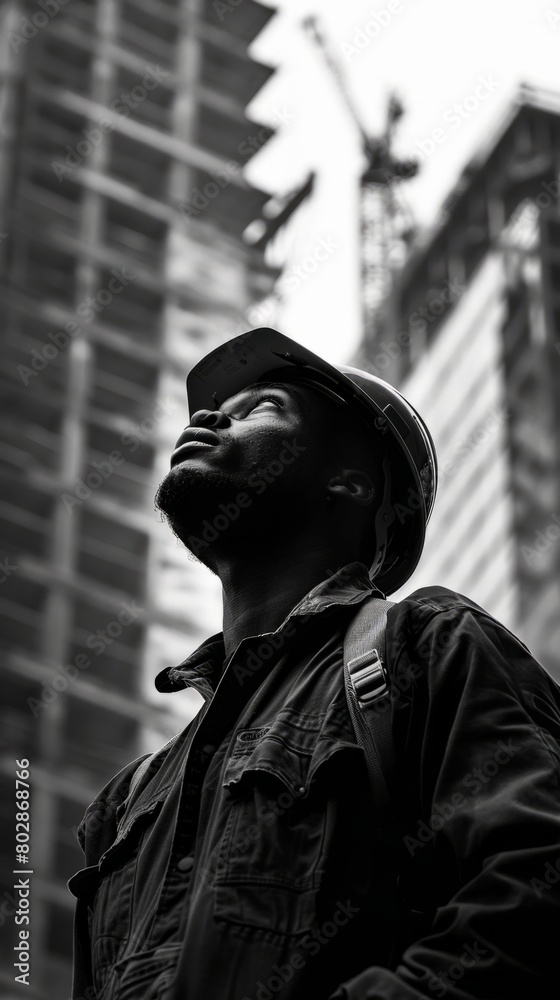 Construction worker looking up at construction site Construction worker looking up at construction site
