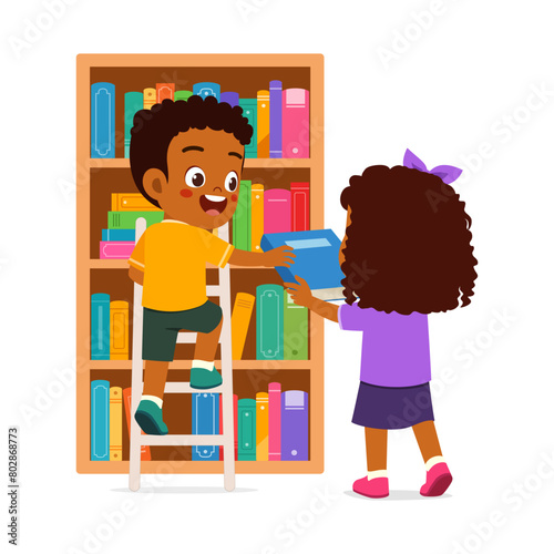 little kid and friend take a book from bookshelf using ladder
