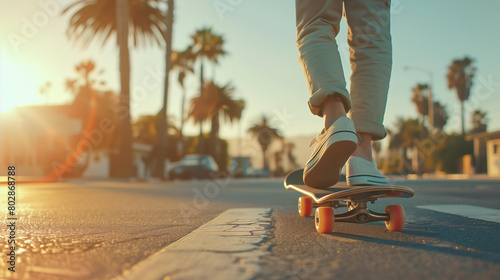  boy on skateboard, walking down the street in California beach style city. Vintage and retro mood with pastel colors and sunny sky