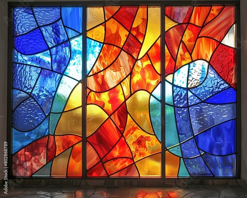 Renaissance inspired stained glass colorful and divine figures intertwined