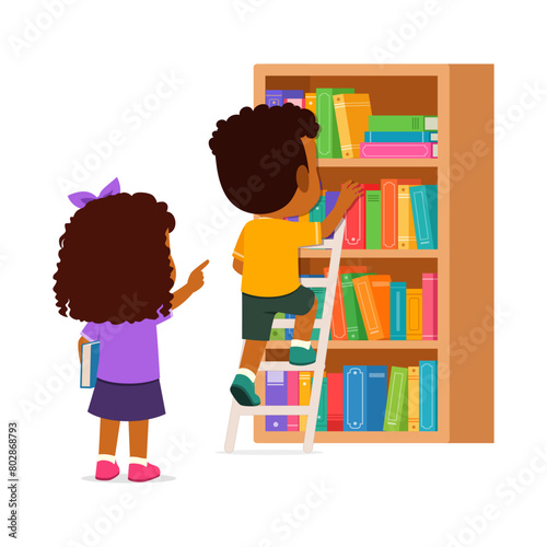 little kid and friend take a book from bookshelf using ladder