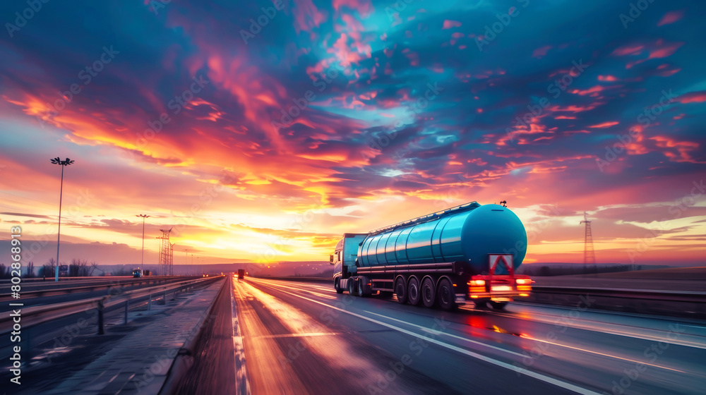A fuel tanker truck drives down a highway at sunset, transporting petroleum products for industrial use