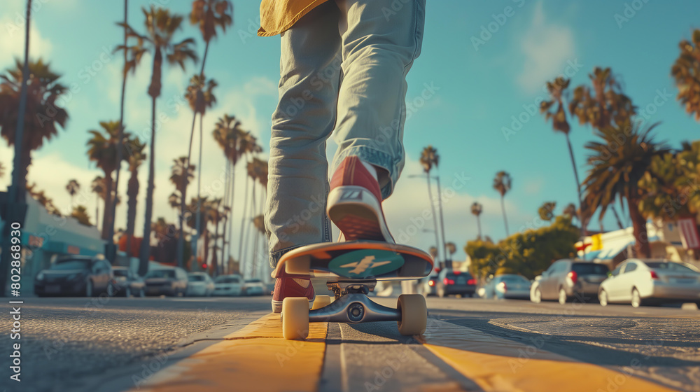 
boy on skateboard, walking down the street in California beach style city. Vintage and retro mood with pastel colors and sunny sky