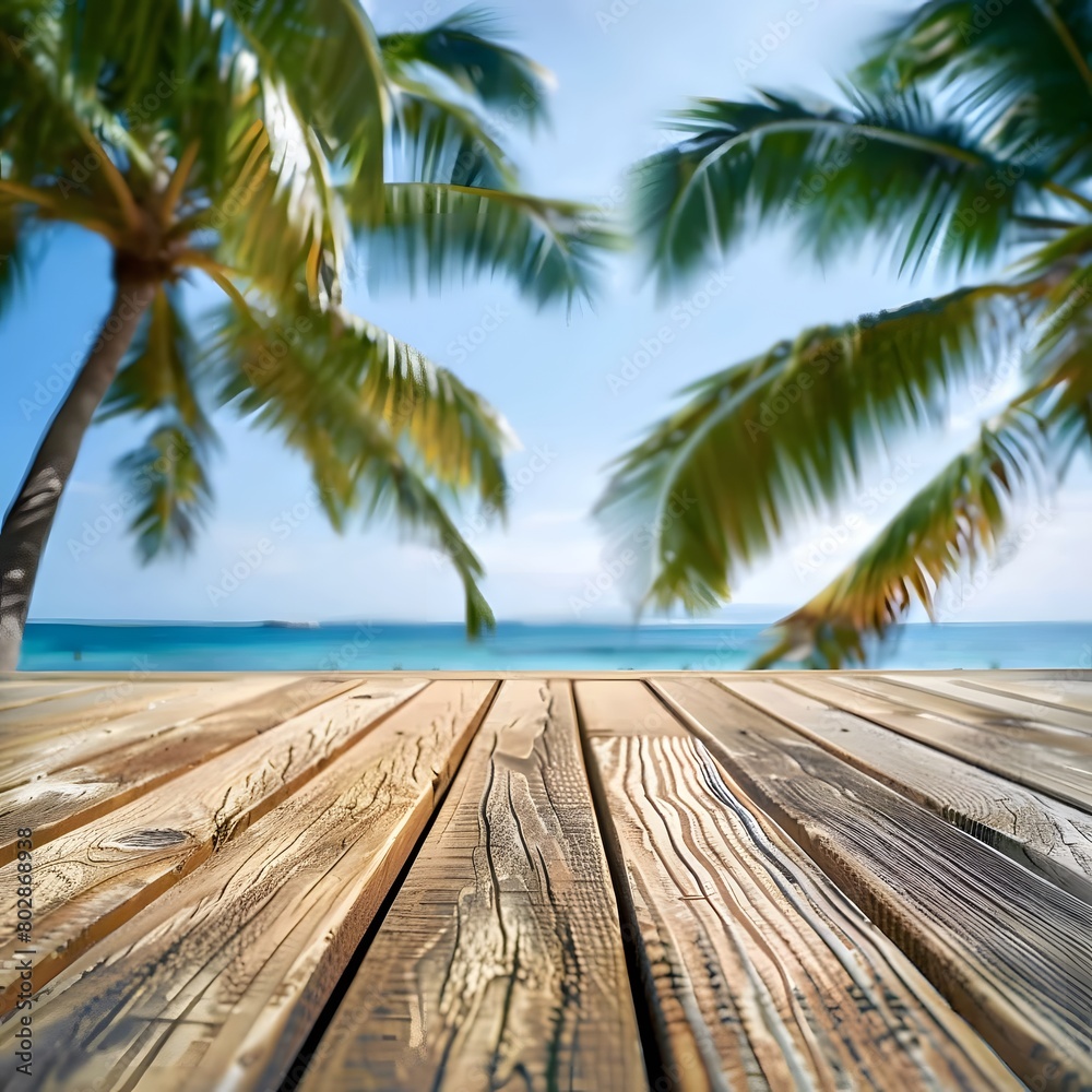 wooden table with a view of the beach and palm trees in the background, minimalistic photography for product showcase wooden table with a view of the beach and palm trees in the background, minimalistic photography for product showcase