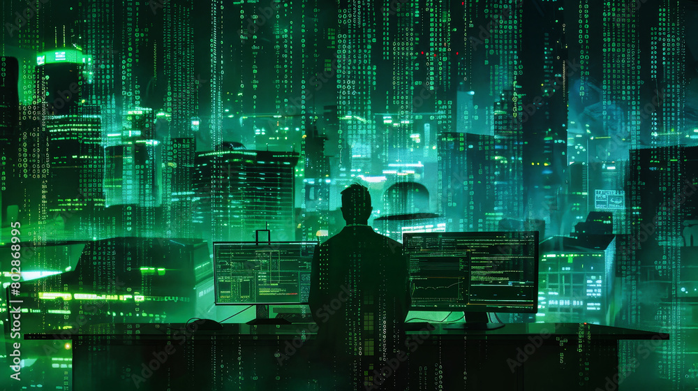 A man focused at his desk, typing feverishly on his computer, lost in the world of hacking