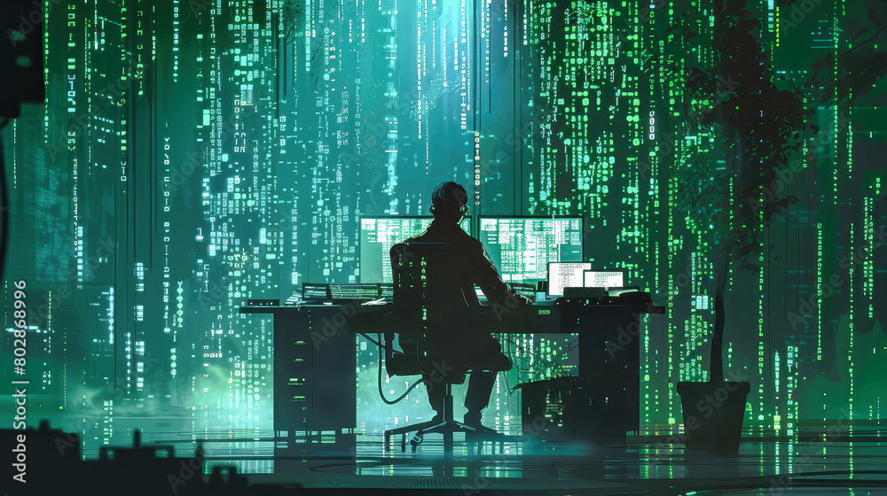 A man, deep in concentration, sits at a desk in front of a computer, the glow of the screen reflected in his eyes A man, deep in concentration, sits at a desk in front of a computer, the glow of the screen reflected in his eyes