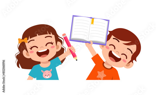 little kid holding book and pencil and feel happy
