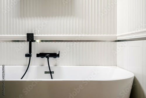 Bathroom interior in classic style with black shower head and faucet over ceramic bath