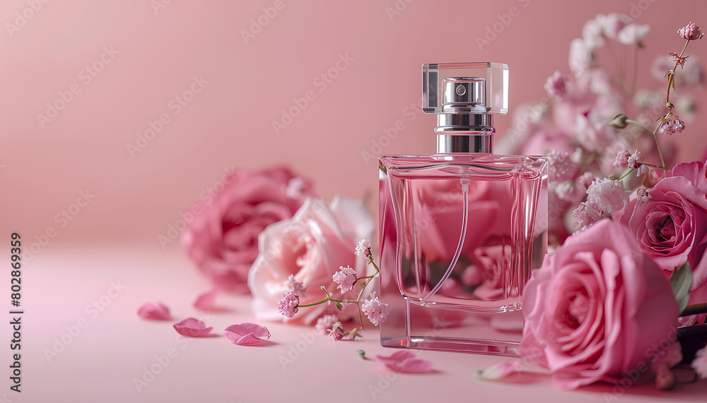 Beautiful composition with bottle of perfume and rose flowers on pink background Beautiful composition with bottle of perfume and rose flowers on pink background