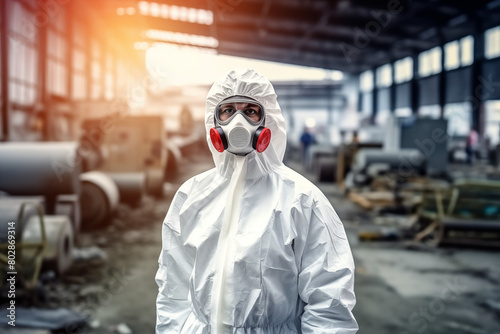 Man scientist in PPE Chemical Suit and hazmat suits inspector chemical gas leak spill with safety face mask in area close barricade security tape. dirty area spill cross stripe ribbon ai generated photo