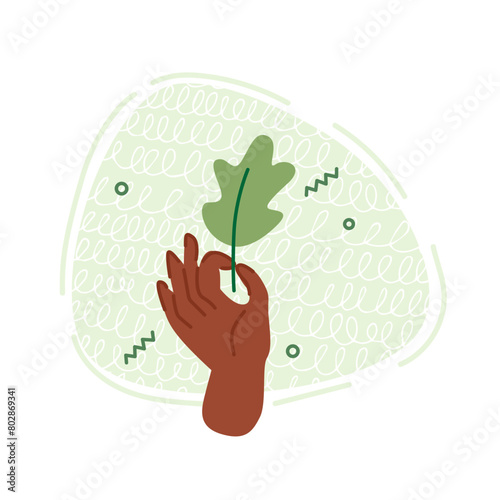 Vector illustration in flat style on the theme of environmentally friendly products. A hand holds a green leaf.