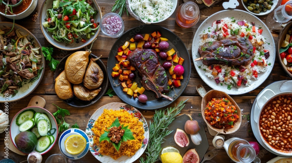 Food dish of steak and vegetable in the table.