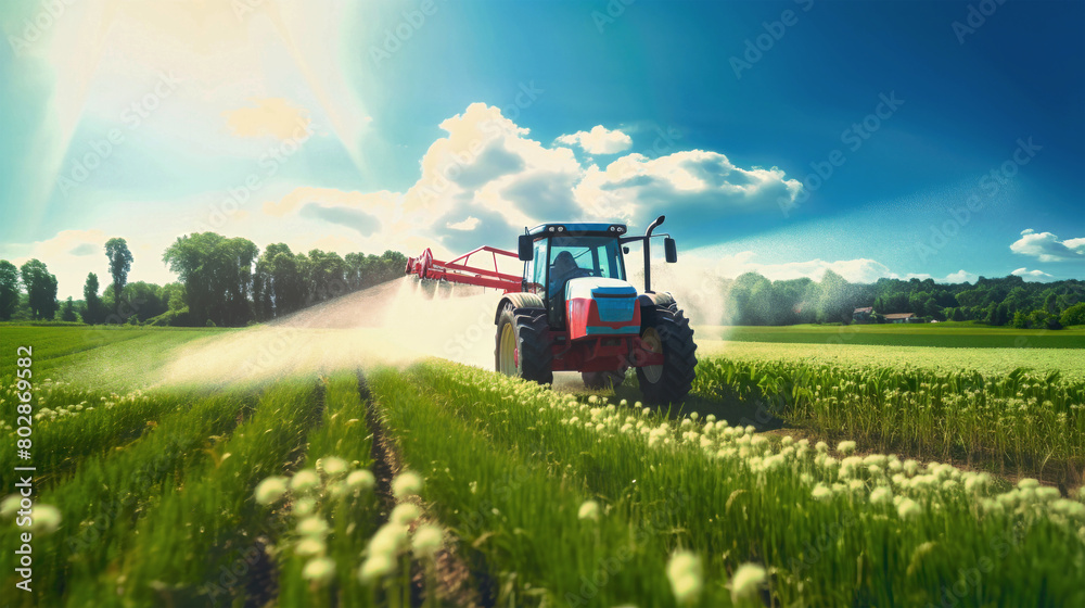 Fototapeta premium A tractor gracefully moves through a lush field, expertly spraying pesticides with a sprayer attached behind it