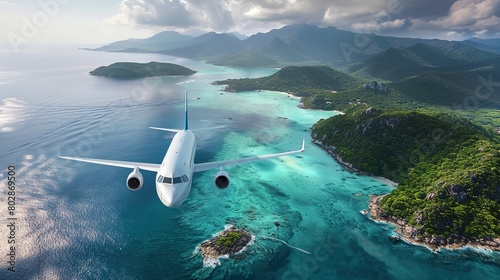 Airplane is flying over islands and tropical coastline. Landscape with white passenger aircraft photo