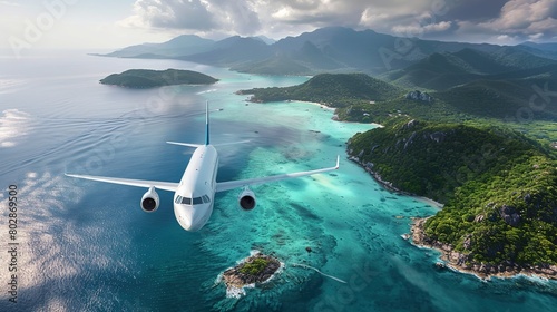 Wallpaper Mural Airplane is flying over islands and tropical coastline. Landscape with white passenger aircraft Torontodigital.ca