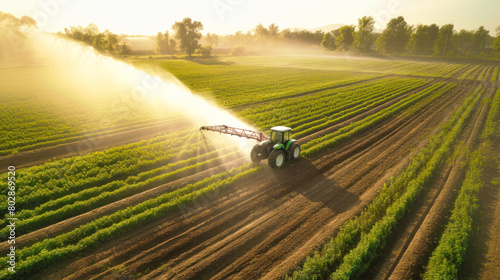 A tractor gracefully sprays a field with a sprayer, splashing a colorful stream of liquid across the earth