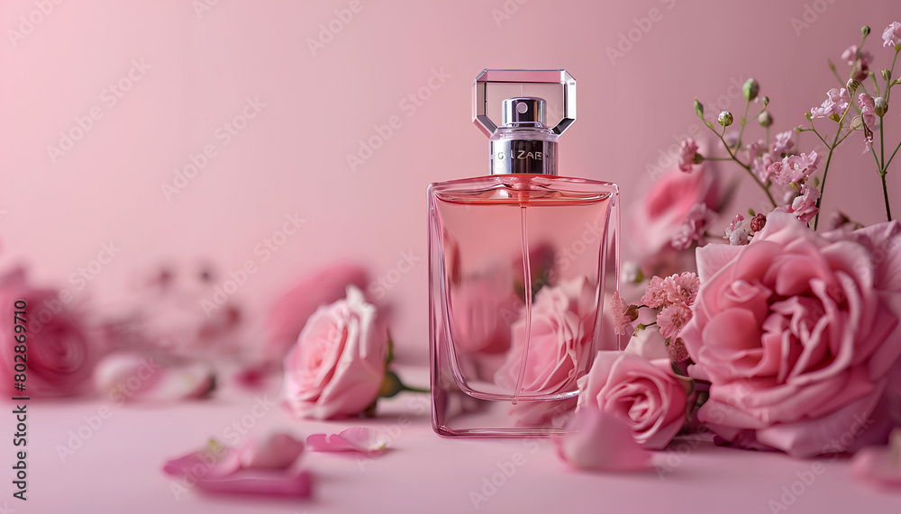 Beautiful composition with bottle of perfume and rose flowers on pink background Beautiful composition with bottle of perfume and rose flowers on pink background