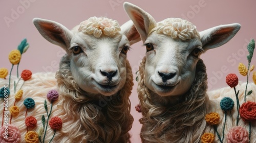 AI generated illustration of two sheep standing together on pink background © Wirestock