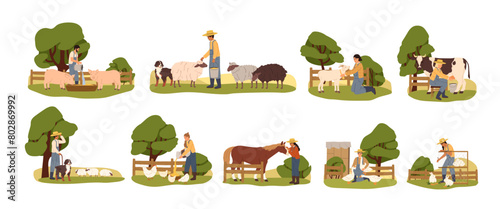 Rural farm workers caring about domestic animals. Farmers and livestock set. Feeding and breeding chickens, cow, pig, rabbits, sheep in village. Flat vector illustration isolated on white background photo