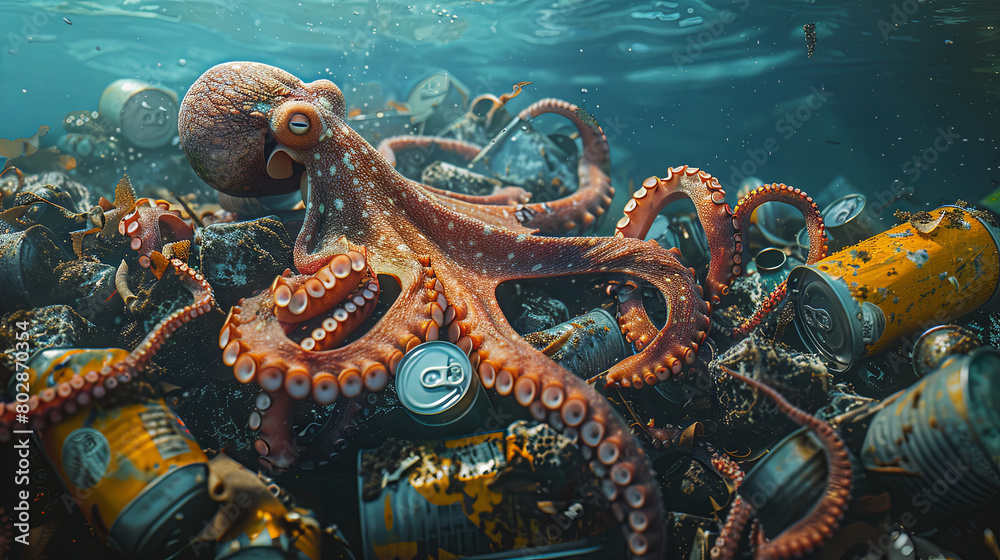 Fototapeta premium The concept of environmental pollution is represented by an iron can alongside an octopus residing at the depths of the underwater world