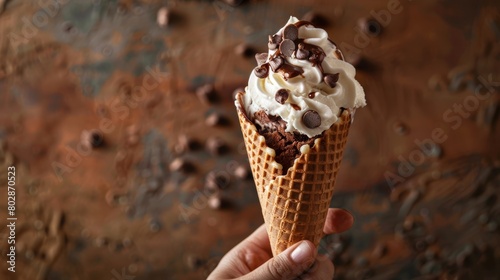 Delicious ice cream on waffle cone.