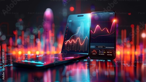 professional trading or financial portfolio management and planning for business performance growth, mobile app and screens chart analysis concept as wide banner design created by ai