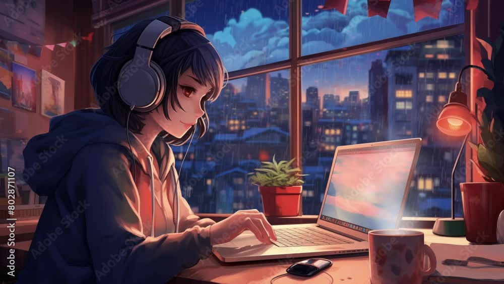 Anime girl working on laptop while listening music beside the window in cozy office room with city background at evening. Looping background animation