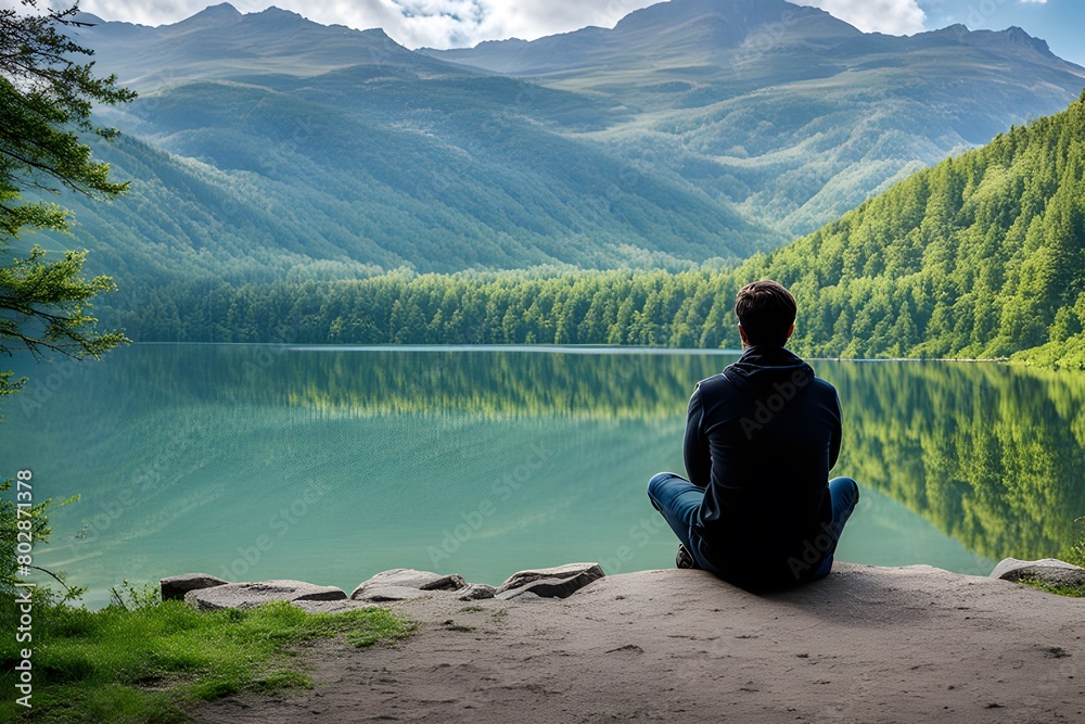 a person sitting in contemplation by a serene lake, representing reflection, a girl sitting contemplation by a serene lake, ai, generative, 생성, 생각하는 사람,  사색, 호수