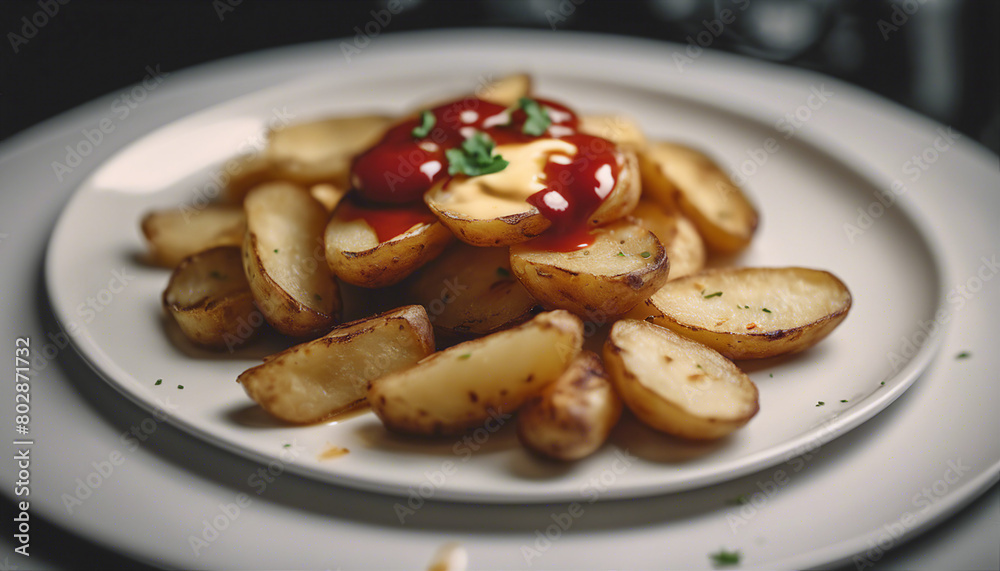 fried potatoes on a white porcelain plate with ketchup
fried potatoes on a white porcelain plate with ketchup