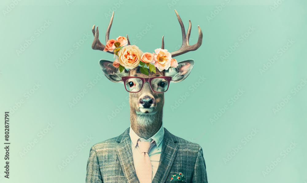 A deer wearing a floral suit and tie with glasses