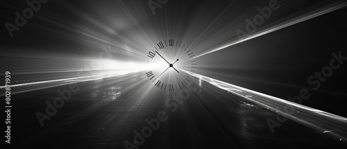 A minimalist clock face with beams of light indicating the passage of time. photo