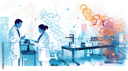 Genetic engineering lab scientists cartoon illustration - Generative AI. Scientists, laboratory, man, woman.