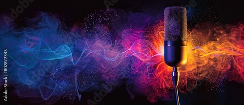 A minimalist microphone emitting vibrant sound waves, representing feedback. photo