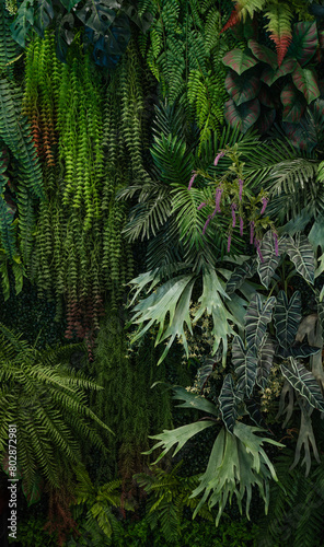 Tropical green leaves background  Nature Wall Lush Foliage Leaf Texture  Vertical image.