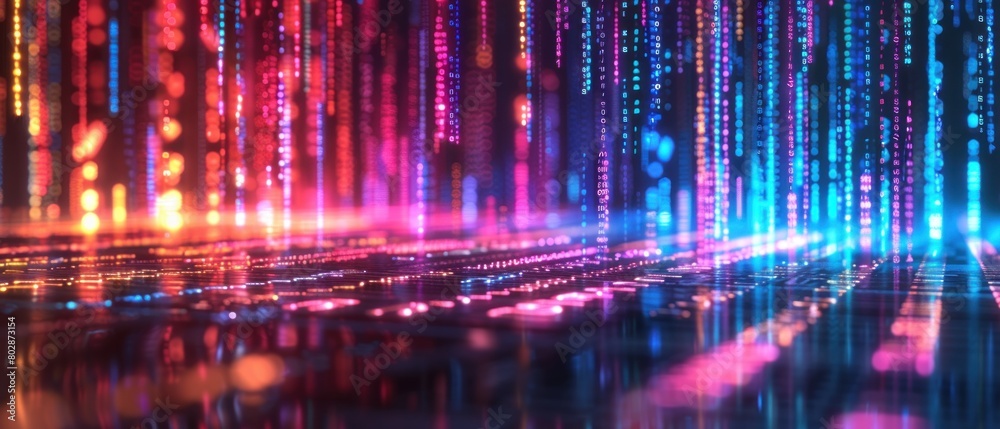 A sleek, futuristic barcode emitting colorful lights, representing transactions.