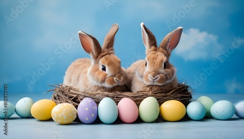 A Pair Of Adorable Easter Bunnies Cuddled Up In A Nest Surrounded By Colorful Easter Eggs Against A Blue Backdrop Featuring Space For Text The Joy Of Easter And The Renewal Of The Spring Season  (2)