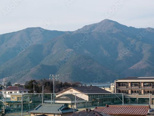 Japanese architecture and mountain scenery