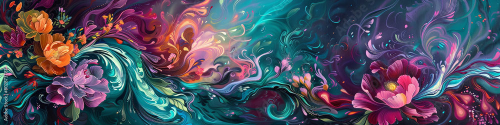 Swirls of vibrant magenta and turquoise cascade down the canvas, merging with bursts of jade and amethyst, reminiscent of a lush, otherworldly garden bursting with exotic blooms.