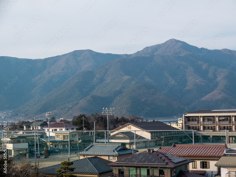 Japanese architecture and mountain scenery