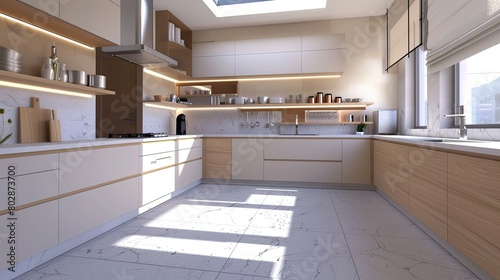 3d rendering modern kitchen counter with white and beige design
