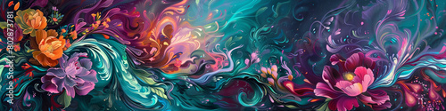 Swirls of vibrant magenta and turquoise cascade down the canvas, merging with bursts of jade and amethyst, reminiscent of a lush, otherworldly garden bursting with exotic blooms.